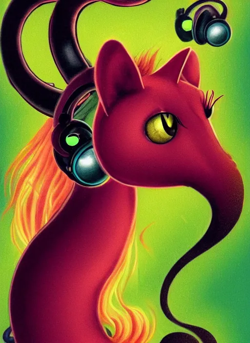 Prompt: cat seahorse fursona wearing headphones, autistic bisexual graphic designer, long haired attractive androgynous humanoid, coherent detailed character design, weirdcore voidpunk digital art by leonetto cappiello, delphin enjolras, furaffinity, cgsociety, trending on deviantart