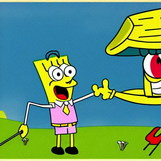 Image similar to spongebob playing golf, cartoon