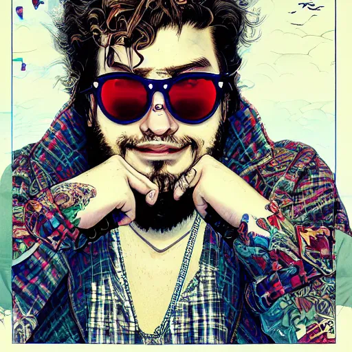 Prompt: portrait of post malone with round digital sunglasses, vampire, symmetrical, by yoichi hatakenaka, masamune shirow, josan gonzales and dan mumford, ayami kojima, takato yamamoto, barclay shaw, karol bak, yukito kishiro