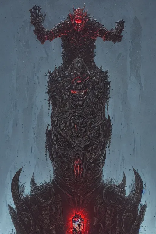 Prompt: a portrait of sworn hell knight, in style of Doom, in style of Midjourney, highly detailed and intricate, golden ratio, elegant, ornate, terror spikes, elite, ominous, haunting, matte painting, cinematic, cgsociety, Victo Ngai, James jean, Noah Bradley, Darius Zawadzki, Zdizslaw Beksinski, vivid and vibrant illustration