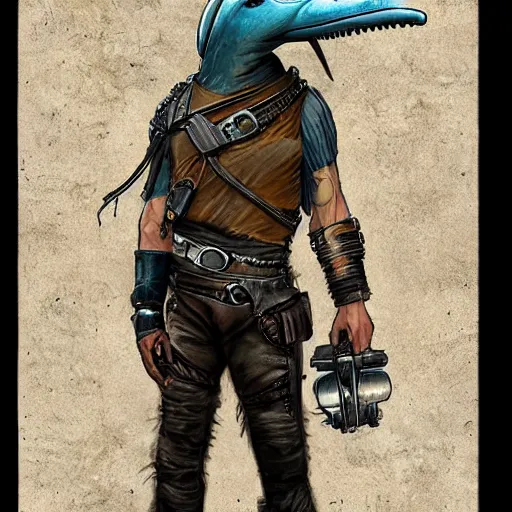 Prompt: A dolphin dressed like in Mad Max in the style of a DnD character portrait, concept art