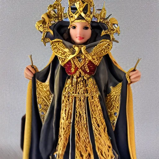 Image similar to photo of a beautiful nordic queen with ornate crown and cloak, 35mm