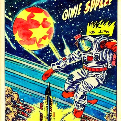 Prompt: a vintage anime 70s comic book watercolor of Obama in space