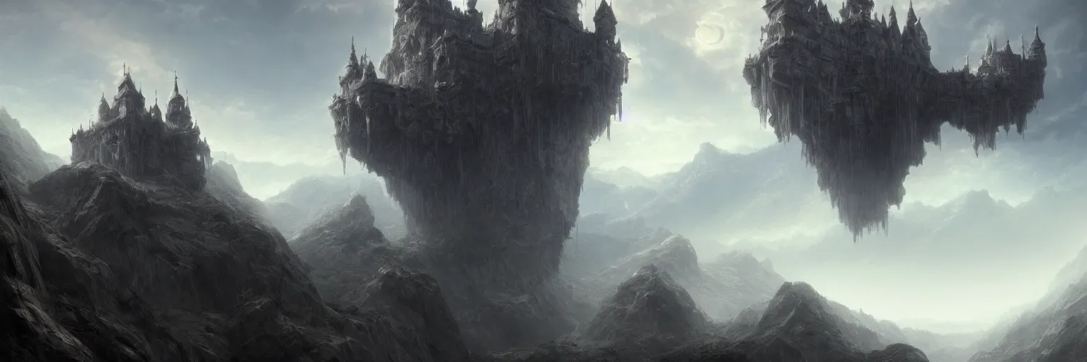 Prompt: an immense floating castle, in the midst of high mountains, hanging by chains, inside a gorge, below only cloud dark void, 8k resolution, by Tatsuyuki Tanaka, artstation trends