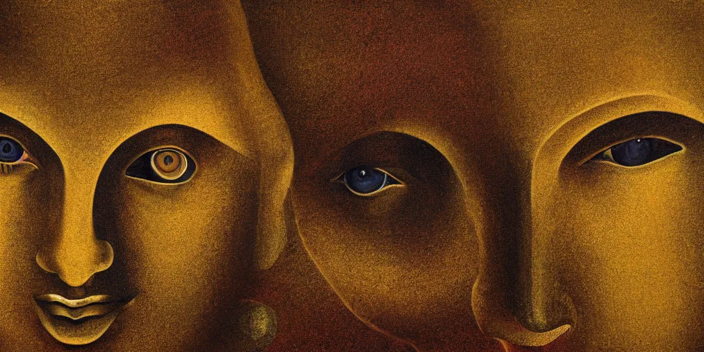 Prompt: a surreal painting of giant buddahs eyes floating in the desert in gold color palette