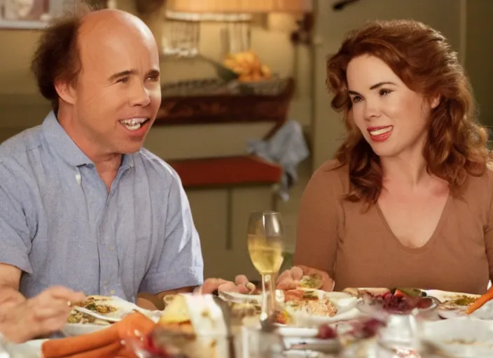 Image similar to film still of Clint Howard and Isla Fischer having dinner in the new You've Got Mail movie, 4k