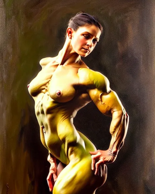 Image similar to full body painting of a frog bodybuilder, oil on canvas, art by greg rutkowski and alphonse mucha