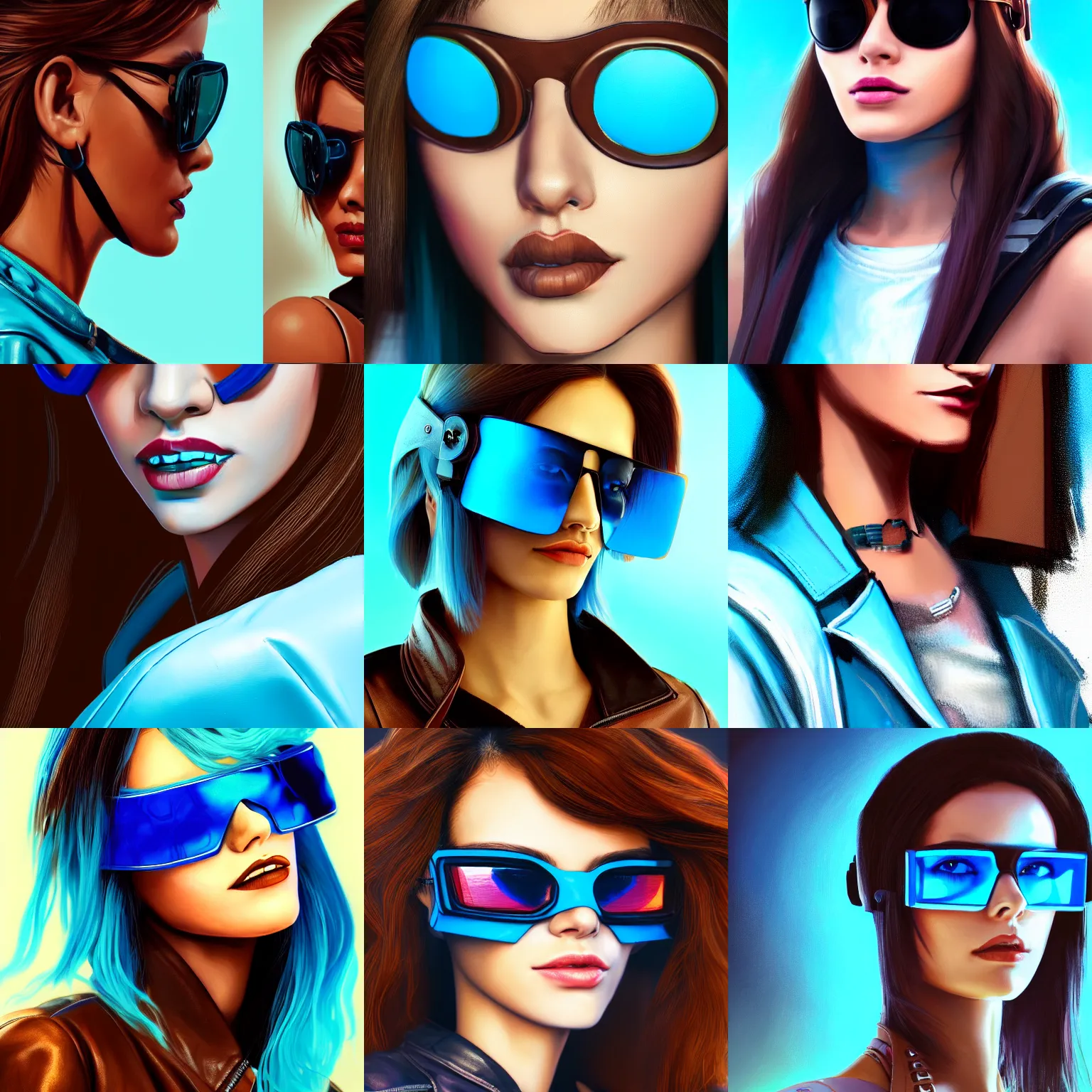 Image similar to closeup painting of a very beautiful young mexican cyberpunk woman smirking, wearing light blue shutter shades and a dark brown leather jacket, one side haircut, long brown hair with light blue ends, portrait, hyperdetailed, artstation, cgsociety, 8 k, synthwave by tangerine dream