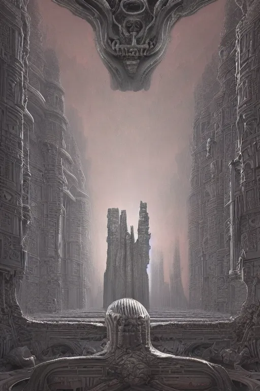 Image similar to sci - fi concrete alien eldritch demonic baroque rococo gothic architecture in hell, babylonian, ziggurat, zaha hadid, beksinski, wayne barlowe, oil painting, photoreal, highly detailed, 8 k, hd, vray, artstation, cinematic matte painting, extreme detail photo quality, sunset, featured on behance