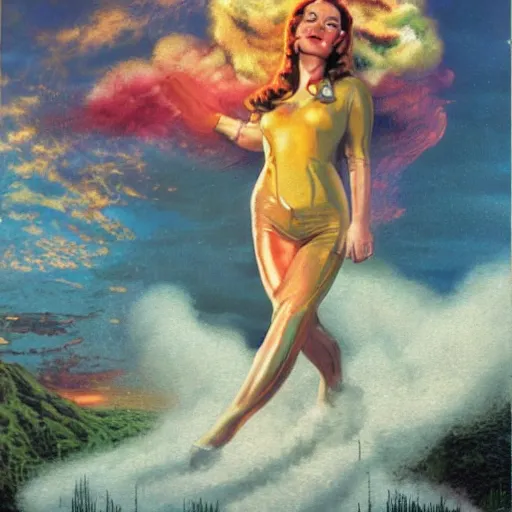 Prompt: a 1 9 7 0's arthouse film by geoff johns and joe jusko and thomas kinkade, a woman wrapped in a cloud of colorful smoke, walking across a reflective pool of silver liquid at sunset