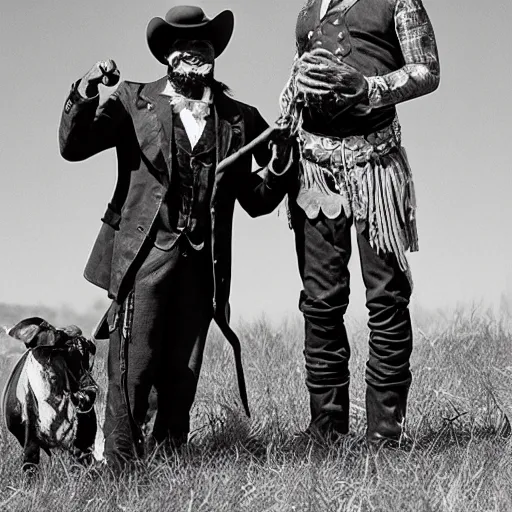 Image similar to king von laugh with fbg dug ( circa 1 9 0 1 ) in cowboy suit, theyre used red and blue bandana, photorealistic, based on real event