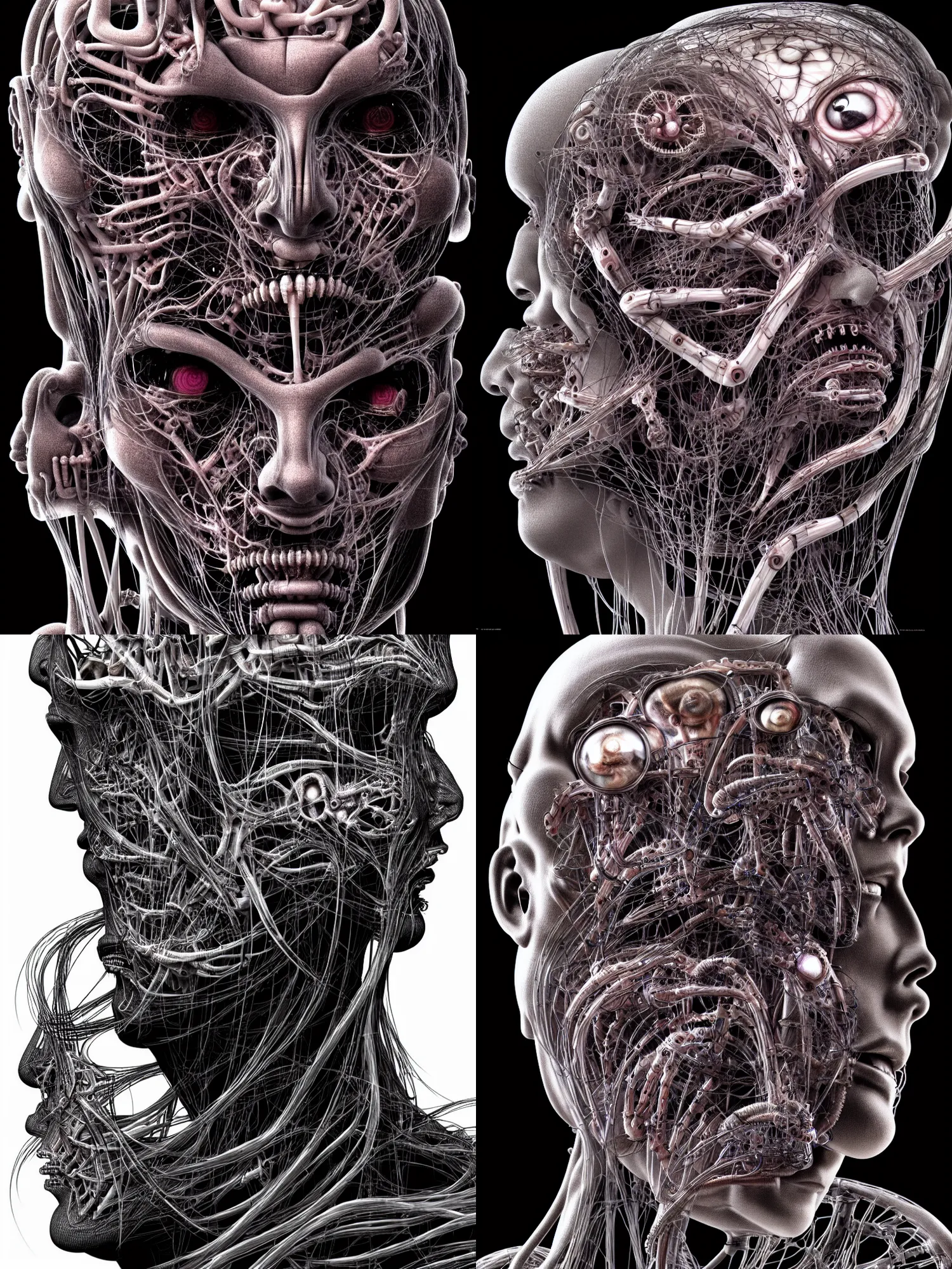 Image similar to portrait of neural nightmares by yoshitaka amano and HR Giger, detailed face face face face, facial structure, hd, 8k, very very very very electronic, biomechanical, biology, bio, neural machine