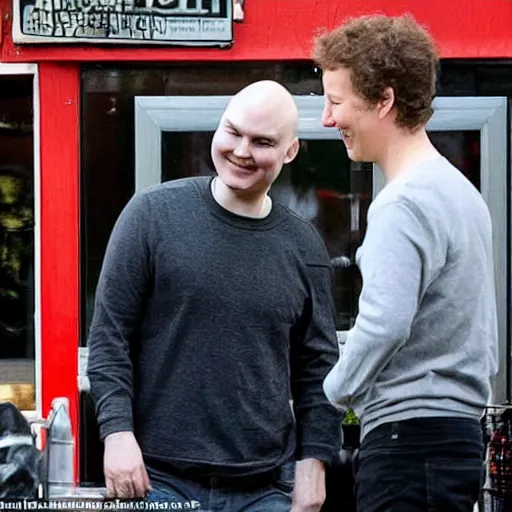 Prompt: billy corgan is seen talking to his friends about going into business together. then billy and mark zuckerberg see an ad in the paper for a house to rent. they are both laughing and trying to decide which to choose