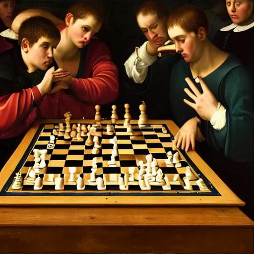 Prompt: renaissance painting of magnus carlsen playing chess