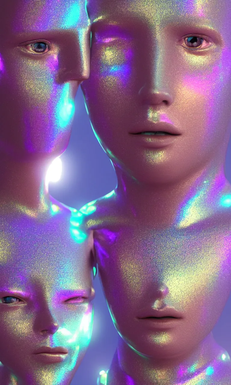 Prompt: 3d render of holographic human robotic made of glossy iridescent, surrealistic 3d illustration of a human face non-binary, non binary model, 3d model human, cryengine, made of holographic texture, holographic material, holographic rainbow, concept of cyborg and artificial intelligence