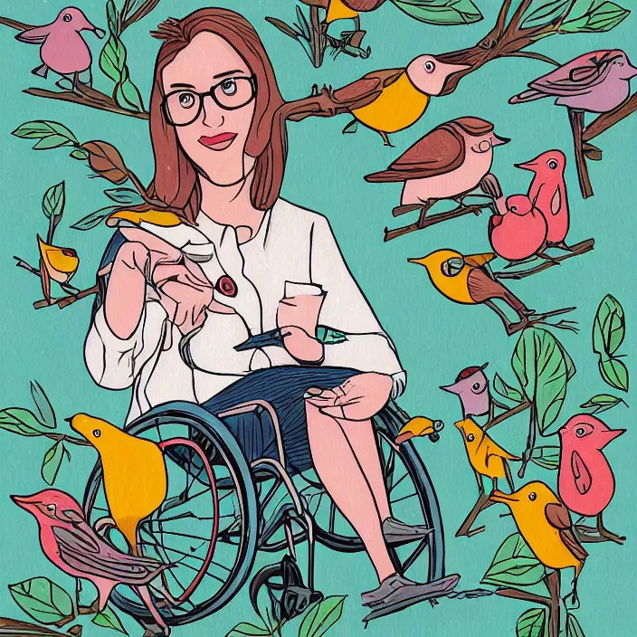 Image similar to a nerdy woman in a wheelchair, surrounded by birds, a full color illustration by mike mignolia