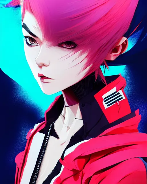 Image similar to poster woman with futuristic streetwear and spiky hair, colourful, pretty face, intricate eyes, elegant, Anime by Kuvshinov Ilya, Cushart Krentz and Gilleard James, 4k, HDR, Behance Trending on artstation, award winning