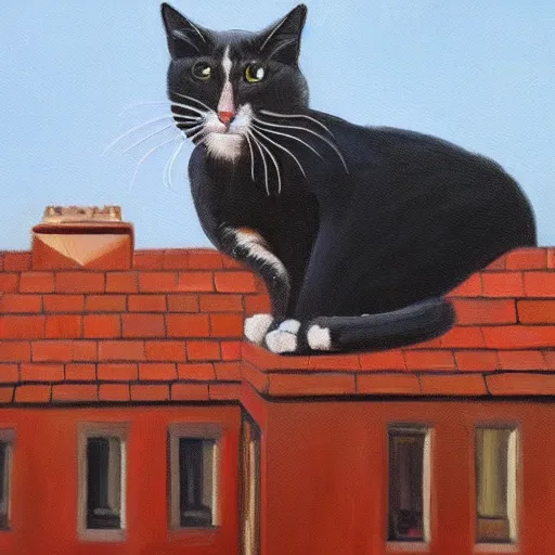 Prompt: an oil painting of a cat on top of a building looking over a city trending on art station