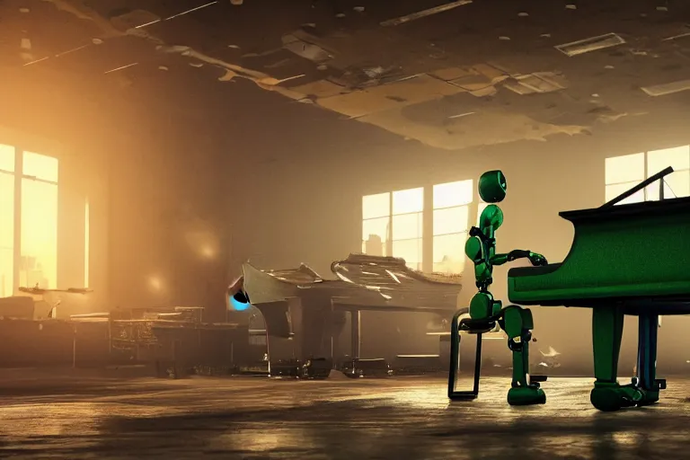 Image similar to a factory robot is playing the piano, post apocalypse green everywhere, 4k, ultra details, cinematic, epic style, beautiful photo, hyper realistic, octane render, unreal engine, award winning, on artstation, volumetric lightning, masterpiece, golden hour,