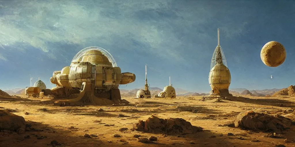 Prompt: soviet space round station in the desert by asher brown durand, stefan koidl, ivan shishkin,