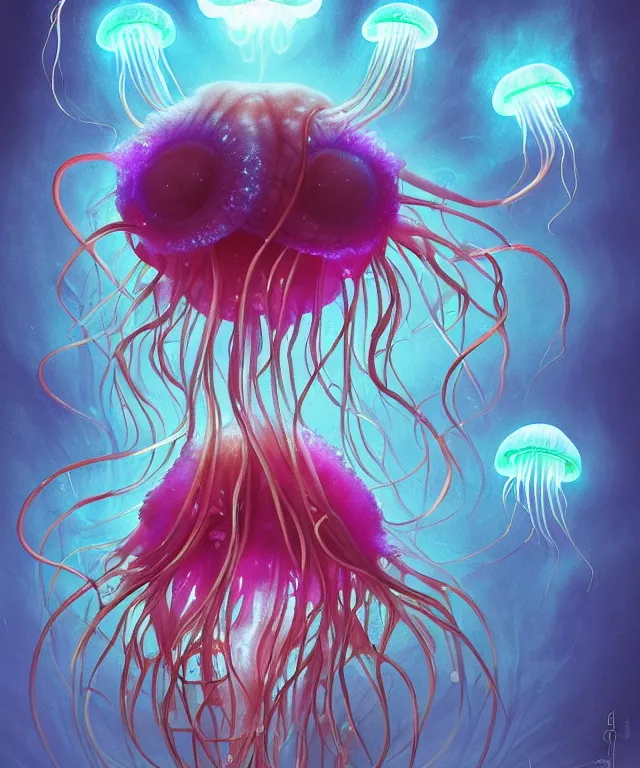 Prompt: a jellyfish creature made of bioluminescence, fantasy, elegant, crisp 8 k line work, emissive lighting, digital painting, artstation, unreal engine, octane render, concept art, matte, sharp focus, illustration, art by james jean and justin gerard and josan gonzalez