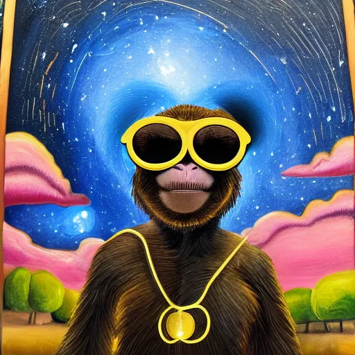 Image similar to a very detailed, 4 k painting of a monkey wearing golden headphones with shades looking up at the night sky filled with stars and galaxies