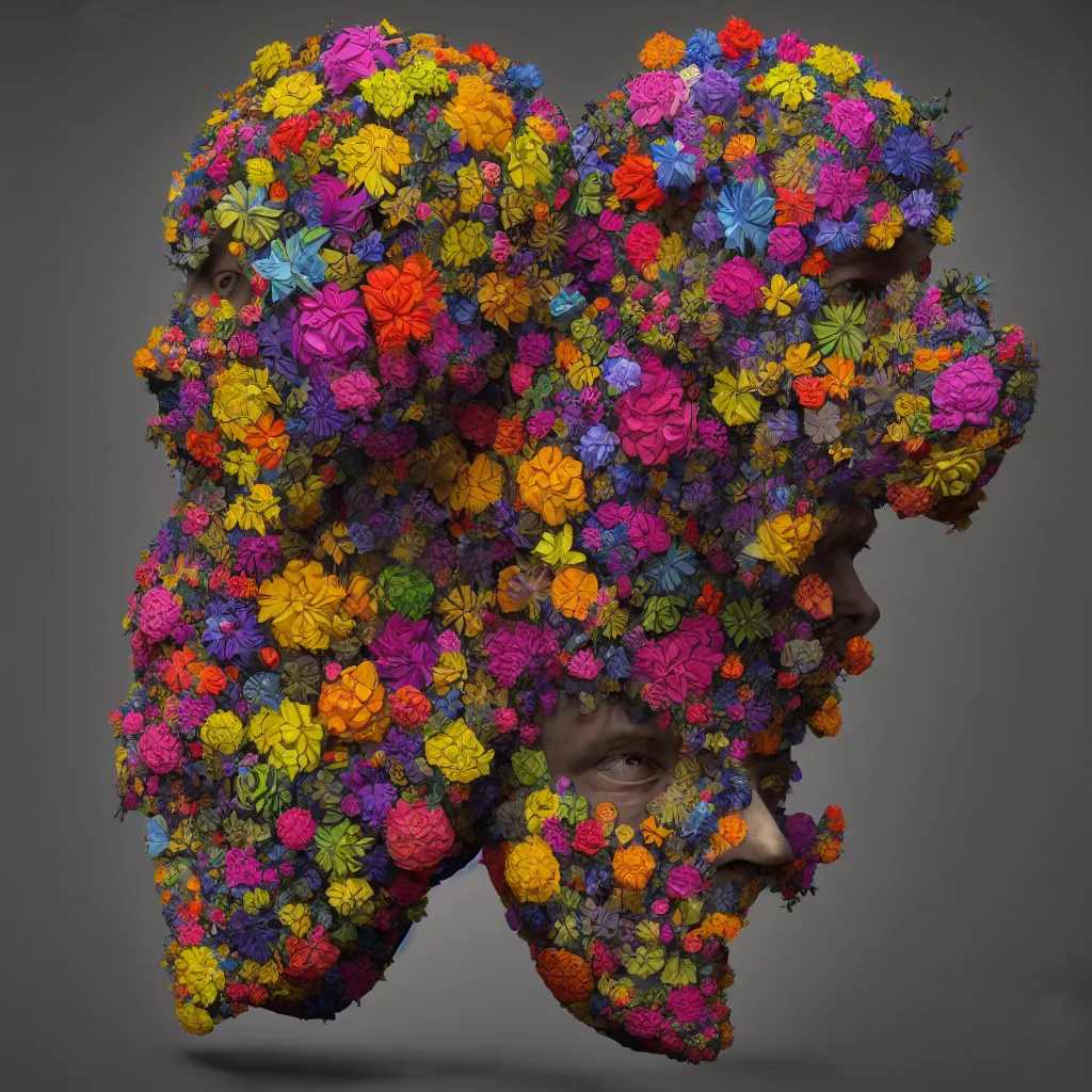 Image similar to a raytraced image of a man with a strange mask on his head, behance contest winner, award winning, masterpiece, pop surrealism, made of flowers, surrealist