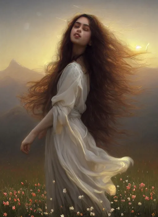 Prompt: oil painting portrait of a young woman with long dark flowing hair in a dress made of white flowers, dancing levitating floating over a field of flowers at sunset with mountains in the background, hazy, digital art, chiaroscuro, artstation, cinematic, golden hour, digital art painting by greg rutkowski, bouguereau, hazy atmosphere, flowers, cinematic lighting