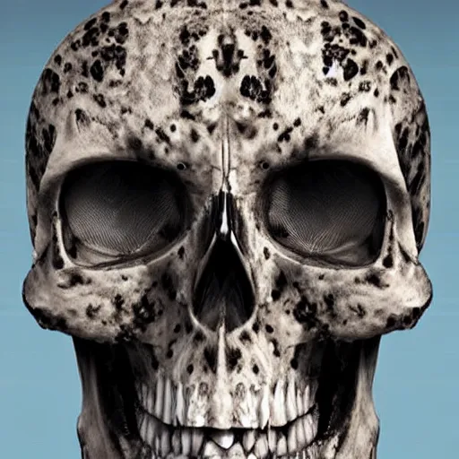 Image similar to Skull that look too much like skull!, I have likened evolution to a search through a very large space of possible organism characteristics, an 8k CG character rendering of a spider-like hunting female on its back, fangs extended, wearing a leopard-patterned dress, set against a white background, with textured hair and skin.