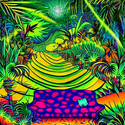 Image similar to psychedelic trippy couch in jungle, forest, out of moment, casual walk, montgomery field, music school, jazz enthusiasts