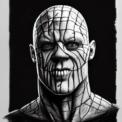 Image similar to drawing of john cena as pinhead from hellraiser, pencil drawing, ultra realistic, intricate details, black and white, hd, 8 k, artstation