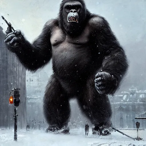 Image similar to angry and aggressive king kong in winter moscow, digital painting, very detailed, art by jakub rozalski