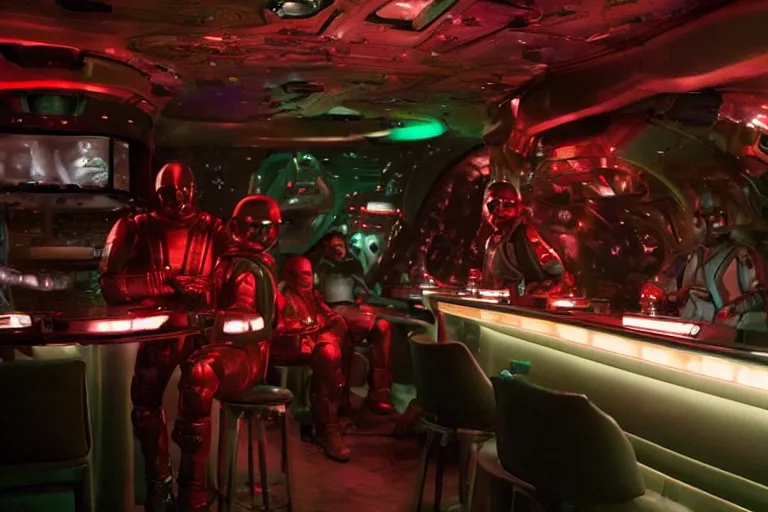 Image similar to sci-fi cinematography of space soldiers sitting in an alien bar. By Emmanuel Lubezki