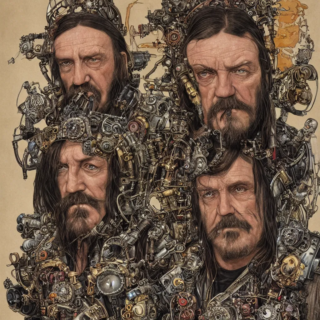 Image similar to A dramatic full-color art nouveau and ironpunk styled bust panorama portrait of lemmy kilmister as an dieselpunk engine tank king of the universe, hyperdetailed mixed media artwork combining the styles of Travis Charest, Michael Kaluta and Bill Sienkiewicz, vast power, perfectly symmetrical facial features, 8k, deeply hyperdetailed, cinematic lighting, realistic mechanical details, 8k, UHD, HDR