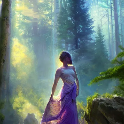 Image similar to mystical realistic poster with shaded lighting by craig mallismo, artgerm, jeremy lipkin and michael garmash, radiant light, detailed and complex environment solace, peaceful mist, beautiful, utopic spiritual city with temples, old growth pine trees, overlaid sacred geometry, with implied lines, gradient of purple and blue