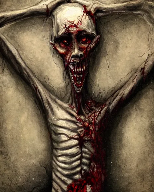 Image similar to Horrifying detailed painting of a pale, emaciated humanoid creature. It has sharp teeth and claws with pale milky eyes; snow, woods, blood; dark cinematic lighting, hyper detailed, moody