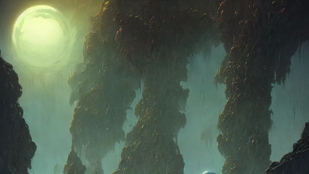 Image similar to eerie atmospheric alien planet with biomechanical plants by les edwards and vincent di fate and anato finnstark, epic cinematic matte painting