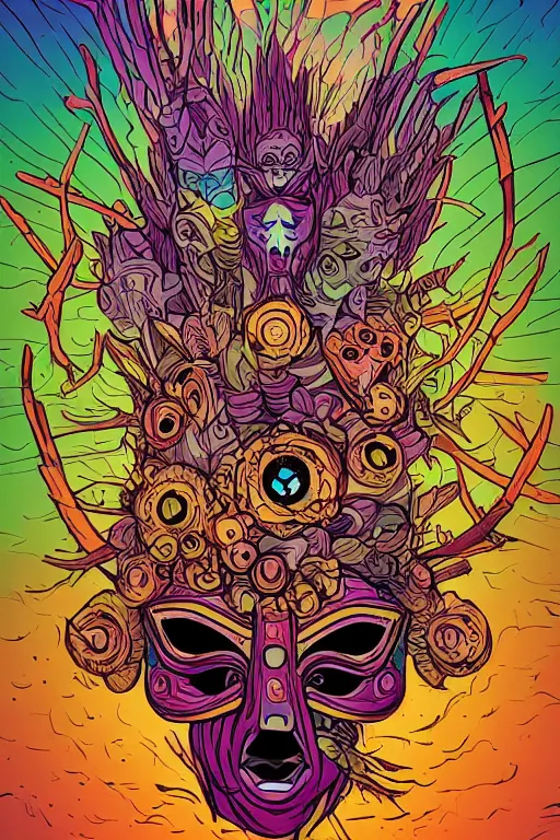 Image similar to animal mask totem roots flower tribal feather gemstone plant wood rock shaman vodoo video game vector cutout illustration vivid multicolor borderlands comics by josan gonzales and dan mumford radiating a glowing aura