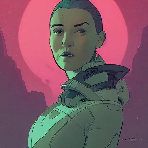 Prompt: a woman looking over her shoulder dramatically, sci fi character portrait by moebius, matt rhodes, greg tocchini