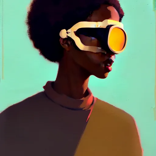 Image similar to Beautiful woman wearing goggles profile picture by Greg Rutkowski, brown skin, afro hair, asymmetrical, studio ghibli, Organic Painting , Matte Painting, geometric shapes, hard edges, street art, trending on the artstation, realistic by Sachin Teng,