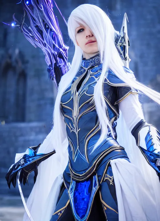 Image similar to photo of a sorceress near mage tower, warframe armor!!, fantasy, white hair, blue decorations, professionally color graded, interesting angle, sharp focus, 8 k high definition, insanely detailed, intricate, intelligent, art by akihiko yoshida and shirotaka