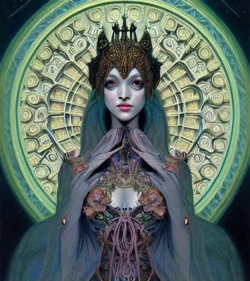 Prompt: symmetrical portrait, a beautiful female sorceress in dress, pretty, detailed and intricate, perfect body shape, perfect face, hypermaximalist, elegant, ornate, luxury, elite, matte painting, cinematic lighting, james jean, brian froud, wayne barlowe