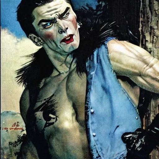 Image similar to Sad, muscular vampire with icy blue eyes, by Norman Rockwell and Robert McGinnis.