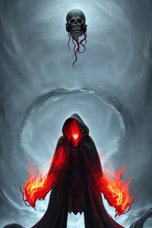 Image similar to A full body portrait of a mysterious character with a flaming skull with a very long hooded blood red and black cloak, tentacles coming out the ground art by Jason Chan and Shaddy Safadi, ominous, cosmic horror, trending on artstation, Ultra detailed, hyper realistic 4k