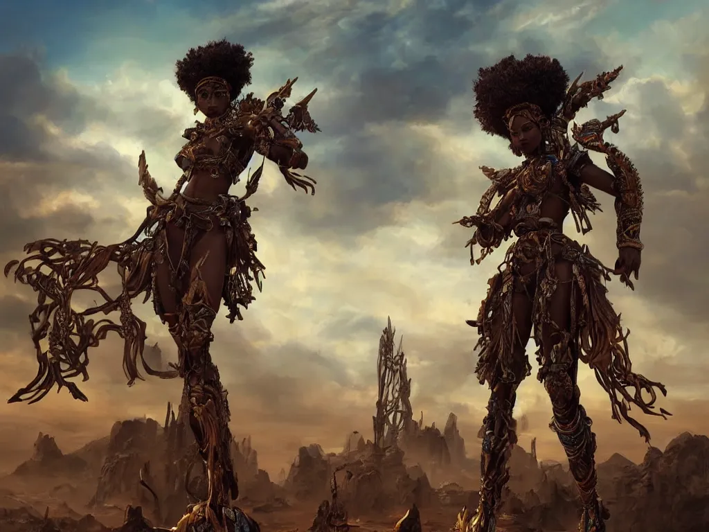 Image similar to a beautiful oil on canvas of an afrofuturistic warrior, beautiful, stunning, ornate. great lighting. post - apocalyptic landscape in the background, epic sky, vray render, artstation,, pinterest, sci - fi, afrofuturism, 5 0 0 px models