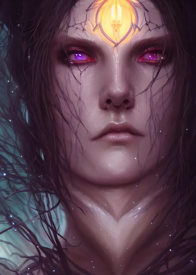 Image similar to Necromancer Sorceress face close-up macro in center, fantasy magic, undercut hairstyle, dark light night, intricate, elegant, sharp focus, illustration, highly detailed, digital painting, concept art, matte, art by WLOP and Artgerm and Greg Rutkowski and Alphonse Mucha, masterpiece