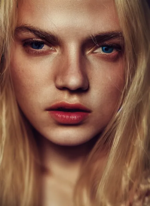 Image similar to Velvia RVP 50, 8K, highly detailed, photographic extreme close-up face of a pretty girl with blond hair , Low key lighting, photographed by Alessio Albi ,dark background, high quality,high contrast ,complementary colors , photo-realistic.