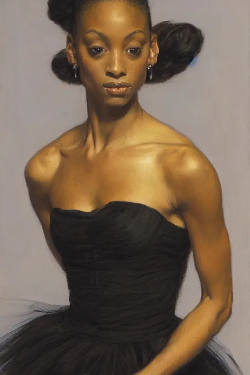 Image similar to portrait of a gorgeous graceful black prima ballerina, by donato giancola and berthold woltze.