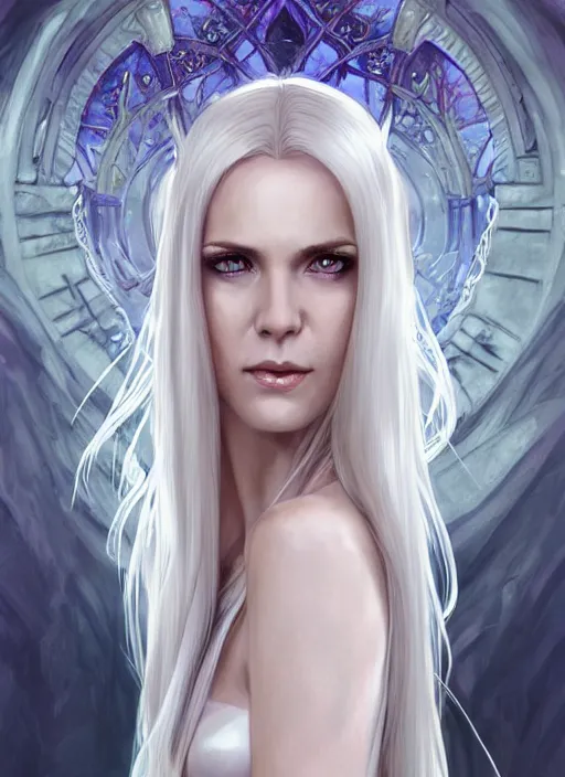 Prompt: portrait of a female elven mage, looking at camera, D&D, white leather dress, long platinum hair, intricate, elegant, stylish, cute smile, fantasy, extremely detailed, digital painting, artstation, concept art, smooth, sharp focus, illustration, ambient lighting, art by artgerm and greg rutkowski and alphonse mucha and simon stalenhag