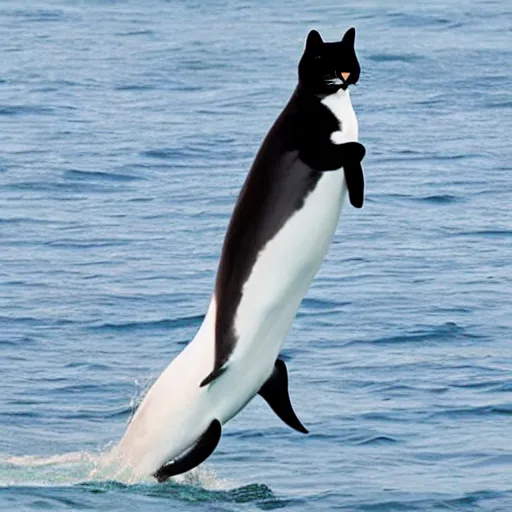 Prompt: “ tuxedo cat riding a dolphin ”